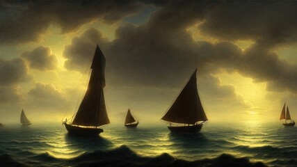 Wall Mural - Vintage sailboat in the open sea under the night sky. Big full moon, reflection of light in the water. Fantasy sea landscape. 3D illustration.