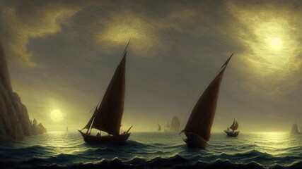 Vintage sailboat in the open sea under the night sky. Big full moon, reflection of light in the water. Fantasy sea landscape. 3D illustration.