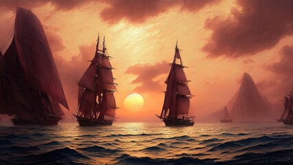 Wall Mural - Vintage sailboat in the open sea under the night sky. Big full moon, reflection of light in the water. Fantasy sea landscape. 3D illustration.