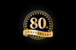 80th anniversary golden gold logo with gold ring and ribbon isolated on black background, vector design for celebration.