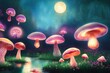 Fantasy mushrooms with lanterns in magical enchanted fairy tale landscape with forest lake, fabulous fairytale blooming pink rose flower garden on mysterious background, glowing moon ray in dark night