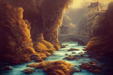 fantasy river with old stone bridge. High Quality Illustration