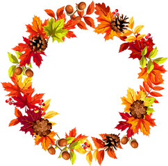 autumn leaf wreath with colorful autumn leaves, pinecones, and rowanberries. greeting or invitation 