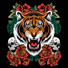 Wall Mural - colorful floral pattern with roses, tiger and skull. Vector traditional folk fashion ornament on black background.