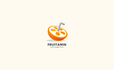 Fun and creative lemon juice idea. Character creation of orange with straw concept logo. Vector illustration