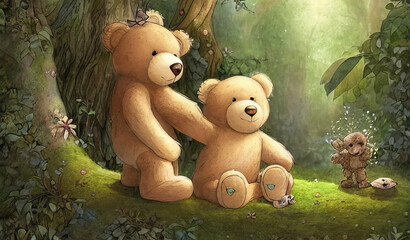 Teddy bear in an enchanted forest woods, storybook cover illustration