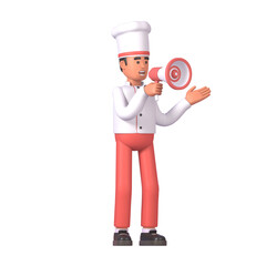 Wall Mural - 3d render of cheerful cook in white uniform holding and speaking in megaphone