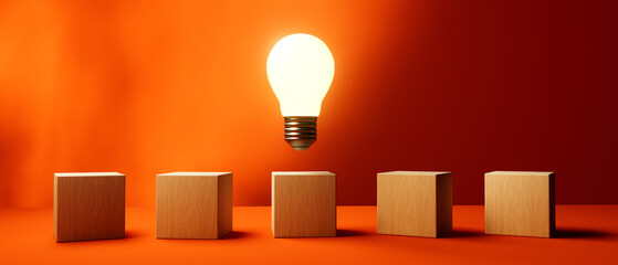 Poster - glowing light bulb with wooden blocks - 3d