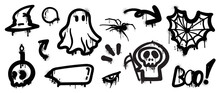 Set Of Graffiti Spray Pattern. Collection Of Halloween Symbols, Speech Bubble, Arrow, Ghost, Spider Web, Skull With Spray Texture. Elements On White Background For, Decoration, Street Art, Halloween.