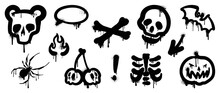 Set Of Graffiti Spray Pattern. Collection Of Halloween Symbols, Speech Bubble, Bone, Spider, Skull, Pumpkin With Spray Texture. Elements On White Background For, Decoration, Street Art, Halloween. 
