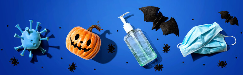 Wall Mural - Masks and sanitizer bottle with Halloween objects