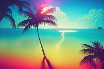 Wall Mural - Abstract futuristic fantasy sea landscape with neon circle with center. Island with palm trees on the beach. Sunlight, daytime view. Reflection in water, clouds. 3D illustration.