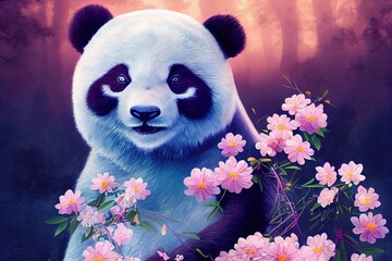 Wall Mural - A fantasy japan panda with flowers and a beautiful magical fairy tale enchanted forest. Artistic abstract beautiful nature. Perfect for phone wallpaper or for posters.