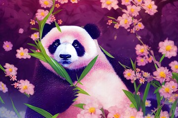 Sticker - A fantasy Japanese panda in the midst of colorful flowers in a magical enchanted place. Artistic abstract beautiful animal. Perfect for phone wallpaper or for posters. 3D Illustration