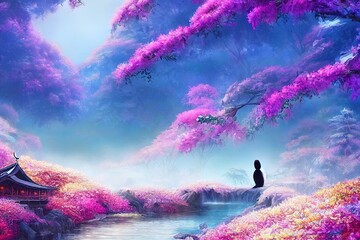 Wall Mural - A fantasy japan panda with flowers and a beautiful magical fairy tale enchanted forest. Artistic abstract beautiful nature. Perfect for phone wallpaper or for posters.