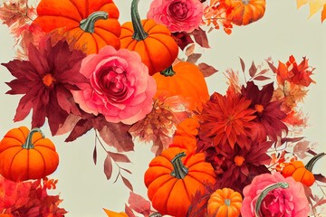 Canvas Print - Watercolor floral pumpkins composition. Pastel pumpkin and flowers arrangement in rustic style. Rust and burnt orange flowers, fall foliage and leaves bouquet. Autumn invitation template.