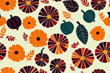 Canvas Print - Colorful autumn harvest seamless pattern. Vintage red garden truck with pumpkins, flowers and leaf on white background. Thanksgiving day theme design.