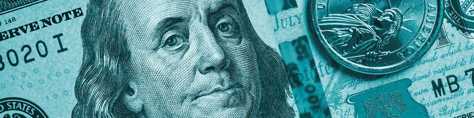 Wall Mural - american money close-up. 100 dollar bill and 1 dollar coin. benjamin franklin and statue of liberty.