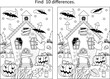 Halloween haunted house difference game. Black and white, printable. May be used as coloring page.
