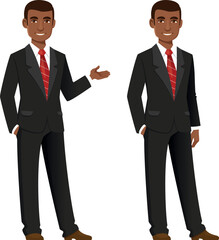 Wall Mural - young African American man in elegant black business suit. Successful businessman, smiling and gesturing