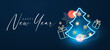 Merry Christmas and Happy New Year Holiday background with neon gift box, fir tree branch, bokeh effect and lights