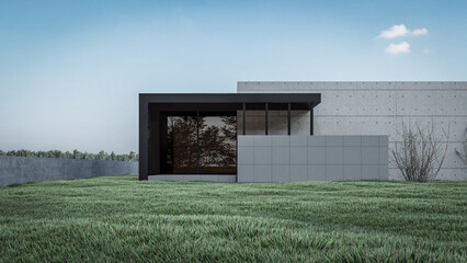 Wall Mural - Architectural 3D rendering illustration of modern minimal house with natural landscape