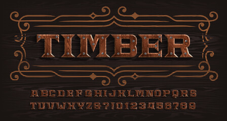 Poster - timber alphabet font. wooden letters and numbers with nails. stock vector typescript for your design