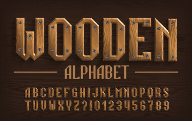 Poster - Wooden alphabet font. Beveled letters and numbers. Stock vector typescript for your design.