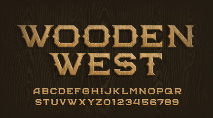 Poster - wooden west alphabet font. wooden letters and numbers in wild west style. stock vector typescript fo