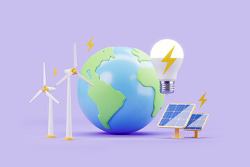 Wall Mural - Earth globe with solar panels, wind power station on violet background