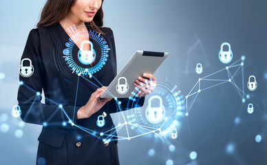 Poster - Businesswoman with tablet in hands, cybersecurity hologram and data privacy