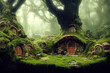 A hobbit home in the tree built underneath the moss covered background, CG artwork concept. 3D rendering