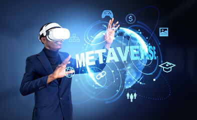 African businessman working in vr glasses, metaverse globe and digital icons