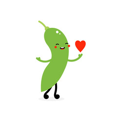 Wall Mural - Cute cartoon style edamame, green soy beans character holding red heart in hand, symbol of love and appreciation.
