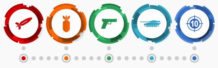 Fototapete - War concept vector icon set, flat design web buttons, military infographic template