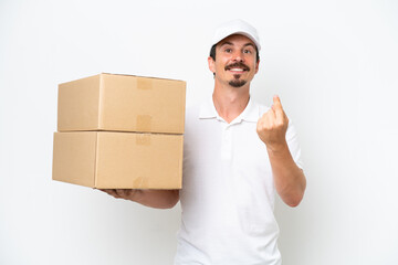 Wall Mural - Delivery caucasian man isolated on white background doing coming gesture