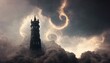 Fantasy Dark Gothic Wizards Tower, swirling cloud vortex above, generative AI