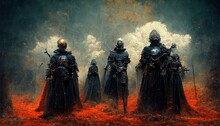 Dark Mood Image, Halloween Theme.  Dark Knights In Body Armour With Swords. Fantasy World, Fight Between God And Evil, With. Knights Of The Apocalypse.