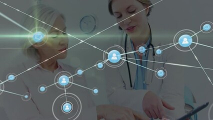 Poster - Animation of network of connections with icons over caucasian female doctor with patient