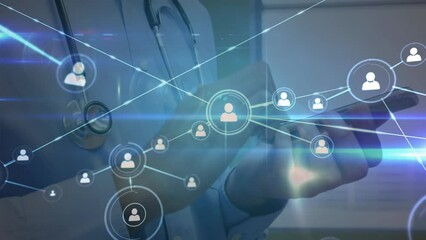 Poster - Animation of network of connections with icons over caucasian male doctor with smartphone