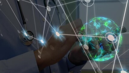 Poster - Animation of network of connections with spots and globe over caucasian male doctor with smartphone