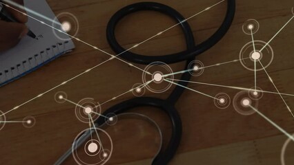 Sticker - Animation of network of connections with spots over doctor's stethoscope