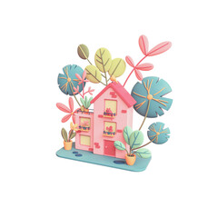 Wall Mural - Cute pink cozy Eco House with yellow windows, red door stands on green lawn with colorful leaves. Home with cat on balcony, bird on roof, potted plants on terrace. 3d render isolated on white backdrop