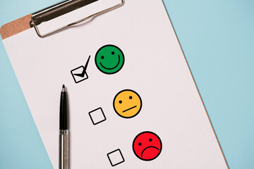 Poster - User use pen to check mark select smile face for customer evaluation survey after client use product and service , Customer excellent concept.