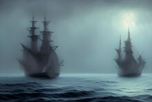 Ghost Sailboats In The Sea In Moonlight. Amazing 3D Landscape. Digital Illustration. CG Artwork Background