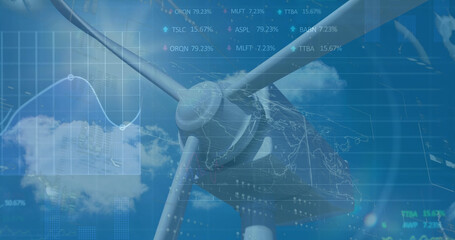 Poster - Image of financial data processing over wind turbine