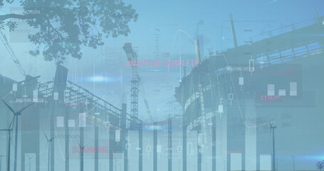 Sticker - Image of financial data processing and wind turbines over building site