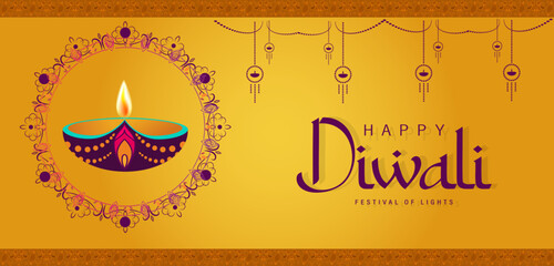 Poster - Happy Diwali Poster with Diya Lamp and Peacock Vector Illustration. Indian festival of lights Design. Suitable for Greeting Card, Banner, Flyer, Template. 