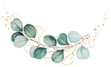 Fototapeta  - Bouquet made of green and golden watercolor eucalyptus leaves, wedding illustration