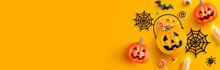 Happy Halloween Background Template With Halloween Pumpkin And Halloween Elements On Orange Background. Website Spooky,Background Or Banner Halloween Template
